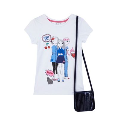 bluezoo Girls' white printed t-shirt with a bag